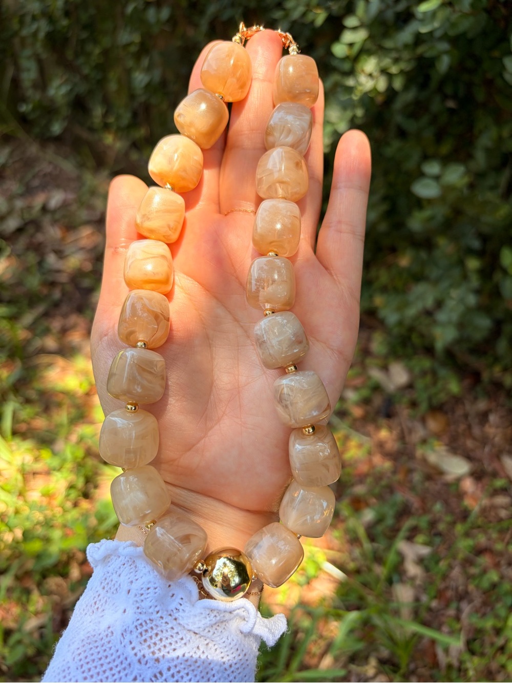 Neutral Marbled Beige Statement Bead Necklace with Gold Accents - Picture 5 of 6
